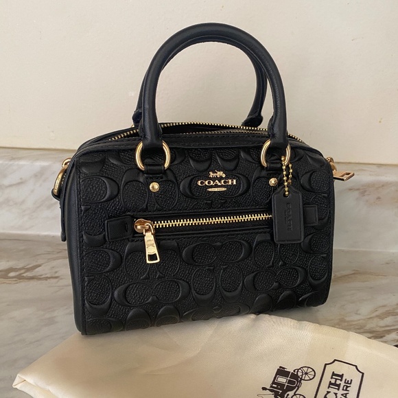 🪞 NEW Coach embossed logo signature leather top handle satchel handbag in black - Picture 7 of 7